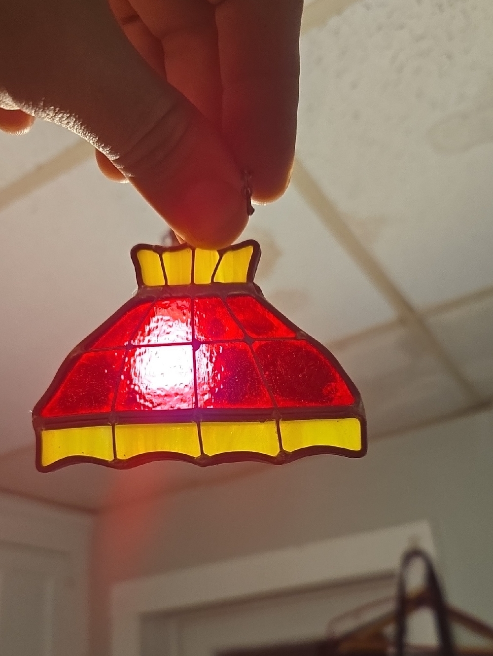Vintage Leaded Stained Glass Red & Yellow Mini Lamp Shade Suncatcher